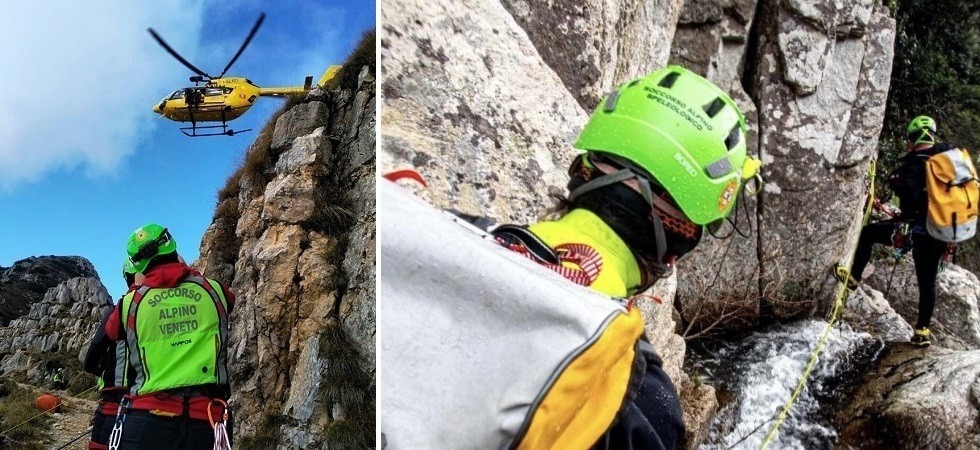 Scivola in un canale e si ferma su un salto di roccia senza riuscire a scendere